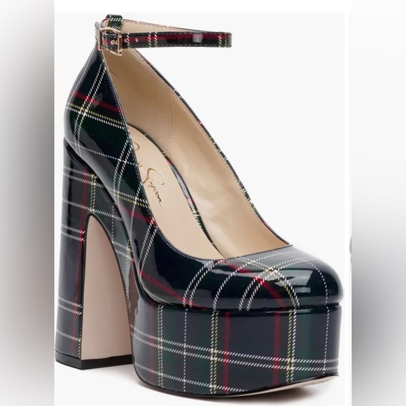 Jessica Simpson Macee green red‎ plaid patent Platform Pump heels size 11 new - Picture 2 of 7